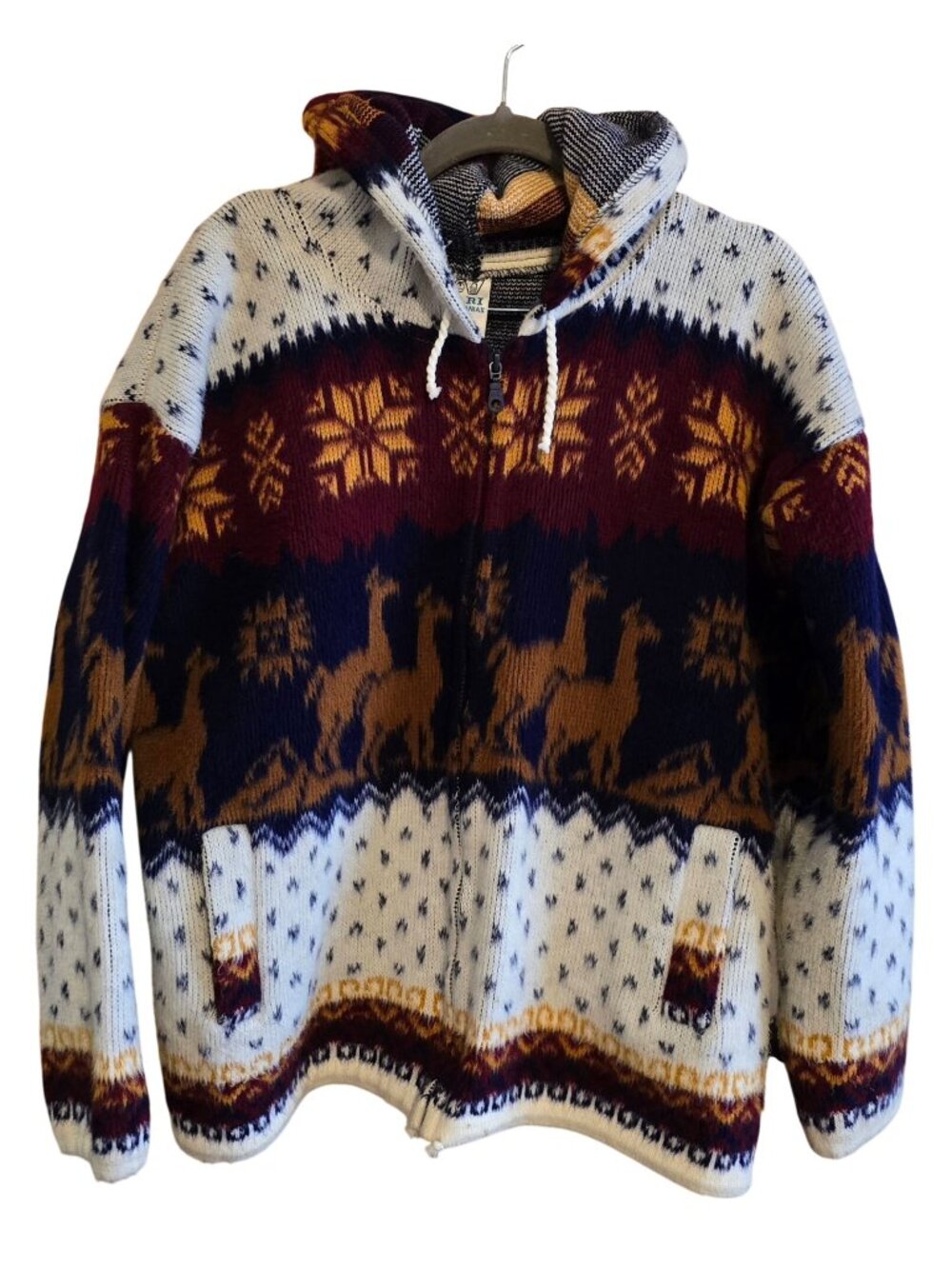 Yari Artesanias Alpaca Print Wool Jacket With Hood Small tribal aztec festival